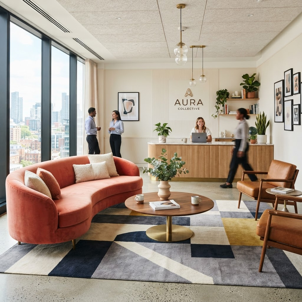 A stylish modern office lounge and reception area